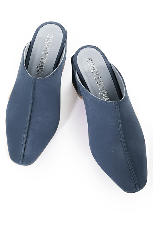 Denim blue women's clog mules. Square toe. Medium block heels. Top view - Florence KOOIJMAN